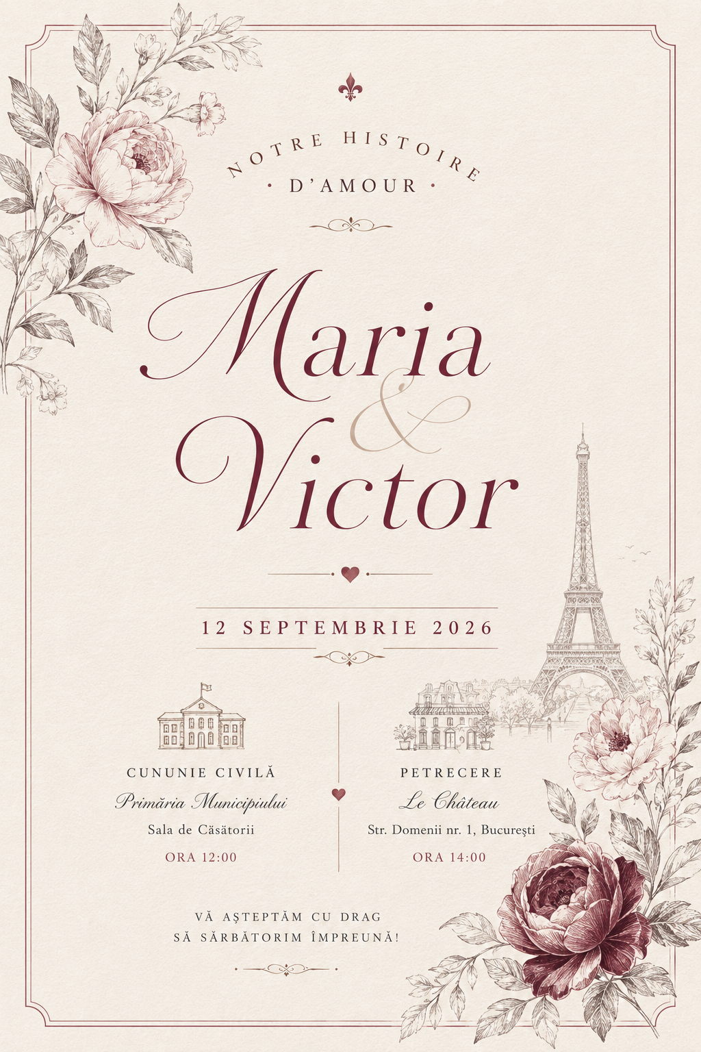 Invitație digitală French Romance — Cununie Civilă